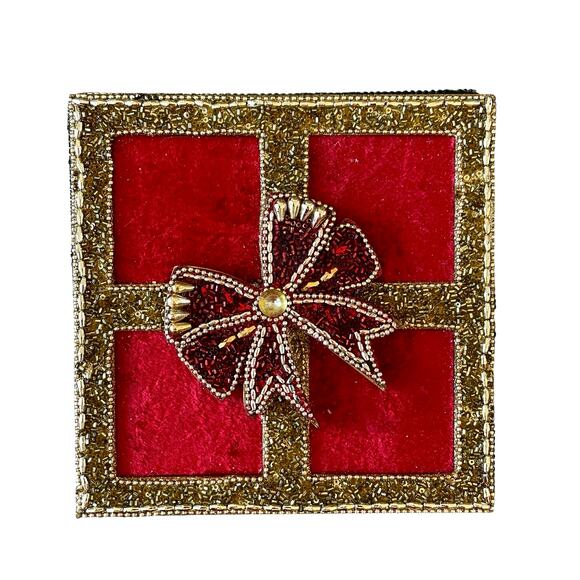 Red Velvet Gold Sequin Christmas Present Gift Box w/ Bow & Lid 7in Holiday Decor - Picture 7 of 15